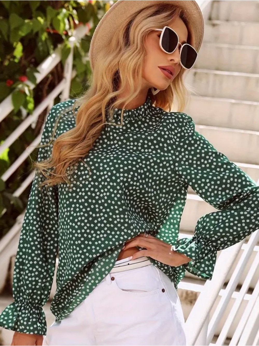 Green Polka Dot High-Neck Long-Sleeve Blouse